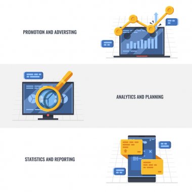 Tanıtım ve reklam, analytics ve planlama, istatistik ve raporlama 3d düz vektör çizim set afiş