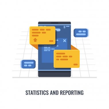 Beyaz arka plan üzerinde telefon bildirim, gelen ileti izleme, istatistik ilerleme cep telefonu grafik illüstrasyon raporlama izole