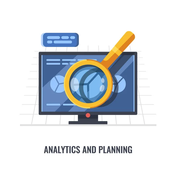 Концепция Анализа Данных Настольным Компьютером Увеличительным Стеклом Статистика Диаграмм Концепция — стоковый вектор