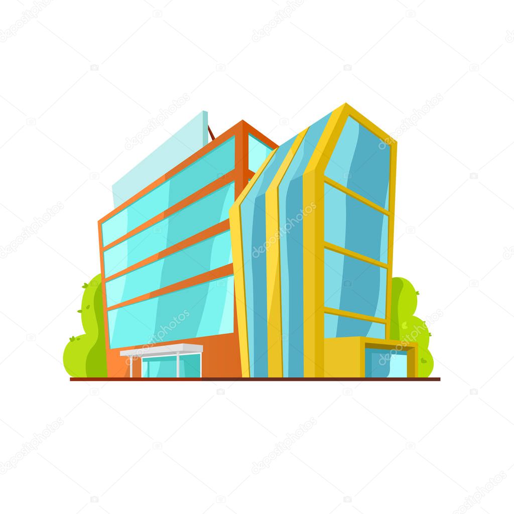 Cartoon colorful building with tree, shop, supermarket 3d isolated on white background vector