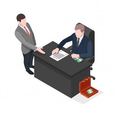 Corruption concept, corrupted scheme, financial crime, official takes a bribe, man gives money to get permission isometric vector illustration clipart