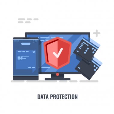 Bilgisayar veri koruma kavramı, Internet Bilgi Koruma Kalkanı, monitör, smartphone ve dosyaları ile illüstrasyon izole beyaz arka plan üzerinde vektör