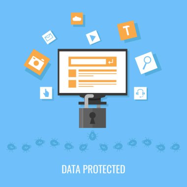 Veri koruma, kavram virüs korumalı. Düz vektör tasarımı. Program ve sistem hata. Program kilidi