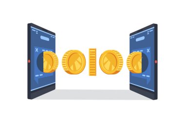 Telefon sistemi üzerinden para transferi kavramı. Sarı paralar akıllı telefonundan başka bir Smartphone-e doğru göndermek. Düz stil vektör çizim.