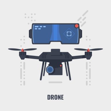 Uçağı uzaktan kumanda, eylem video kamera kavramı vektör çizim arka plan üzerinde ile drone için video sınıfları ile Quadcopter