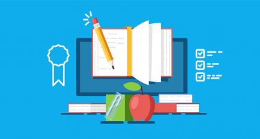 Online Eğitim ve eğitim vektör kavramı resim, okul Kahvaltı, Internet eğitim ve e-Öğrenim kavramı, online notları, kitap, yığını kalem defter, bilgisayar monitör ekran düz yazı