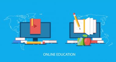 Açık defter, öğle yemeği molası 3d düz illüstrasyon mavi arka plan ile dünya haritası üzerinde yazma online eğitim vektör kavramı, uzaktan eğitim ve öğretim, Internet webinar, yığın kitap, kalem