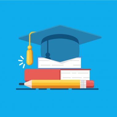 Eğitim vektör çizim, Akademi şapka kitaplar, eğitim ve öğretim kavramı düz illüstrasyon mavi zemin üzerine yığını