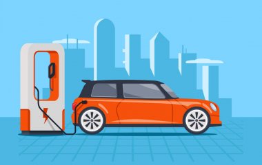 Elektrikli araba elektrikli yakıt istasyonu şarj, kavram vektör çizim mavi şehir silueti arka plan üzerinde