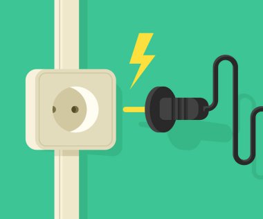 Elektrik prizine elektrik fiş ile. Elektro Emanet düz vektör çizim Cartoo afiş