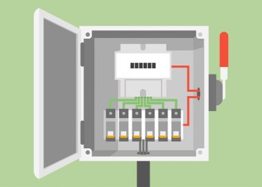 Ayırıcılarını geçiş vektör düz, sigorta vektör, elektrik kutusu, devre kesiciler, elektrik pano, teller anahtarıyla, kutusunda elektrik metre