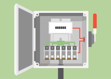 Breakers switch vector flat, fuse vector, electric box, circuit breakers, electrical panel, switch with wires, electric meter in box clipart