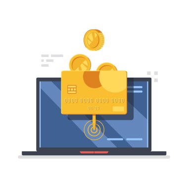 Altın para kredi kartı, online banka işlem kavramı, laptop ile kredi kartı düz vektör illüstrasyon izole beyaz zemin üzerine düşüyor