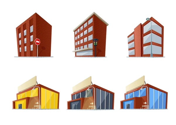 Conjunto Ilustración Vectorial Edificios Ladrillo Dibujos Animados Tienda Supermercados Vivienda — Vector de stock