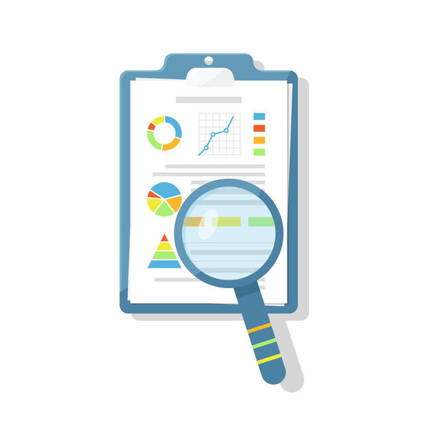 Document tablet with graphics and magnifying glass. Concept of analytic vector flat illustration