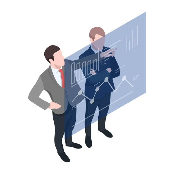 Isometric Two Businessmen Consulting Business Analytics Graphics Board Isometric Character — Stock Vector