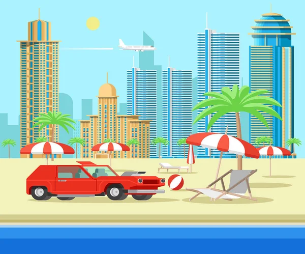 Червоний Язовий Автомобіль Березі Моря Тропічний Курорт Видом Міську Парасольку — стоковий вектор