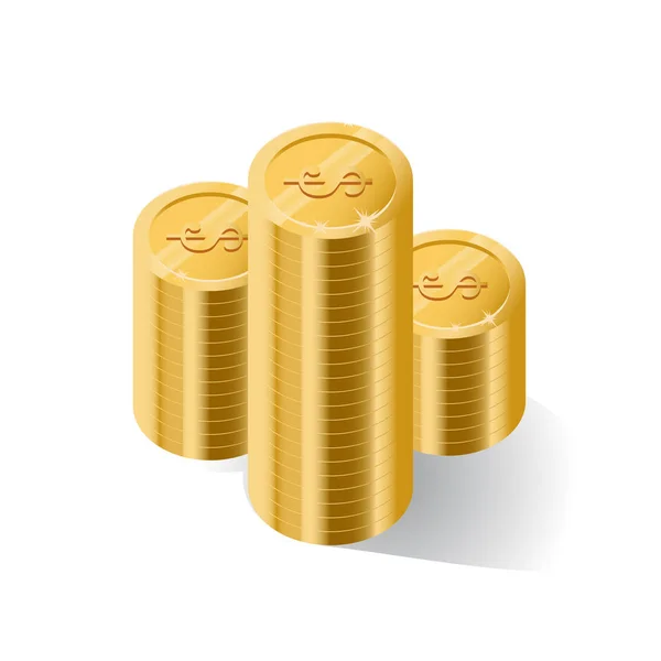 Drei Türme Mit Glitzernden Goldmünzen Schlagschatten Realistische Goldgeldmünze Isoliert Auf — Stockvektor