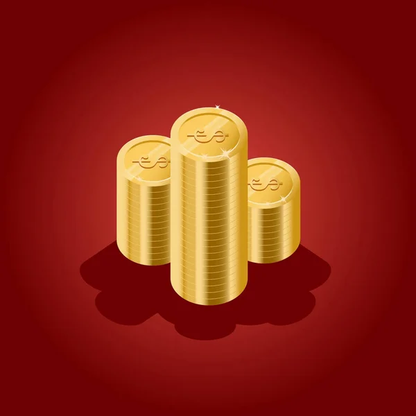 三闪闪发光的金币塔 现实的金币硬币 孤立在红色 矢量插图 — 图库矢量图片