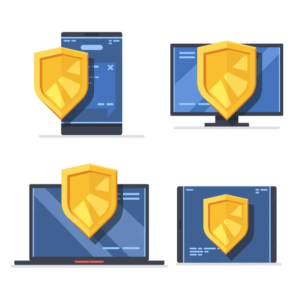 Four Concepts Personal Data Security Concept Shield Devices Laptop Desktop — Stock Vector
