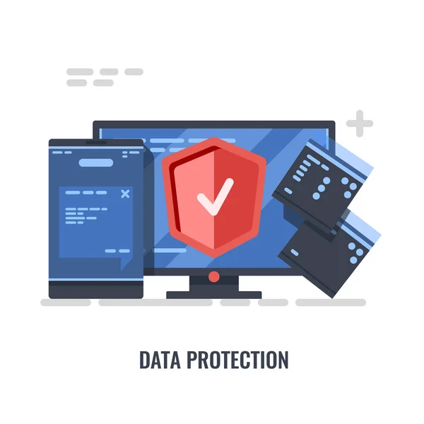 Computerdatenschutzkonzept Internet Informationsschutz Mit Schild Monitor Smartphone Und Dateivektordarstellung Isoliert — Stockvektor