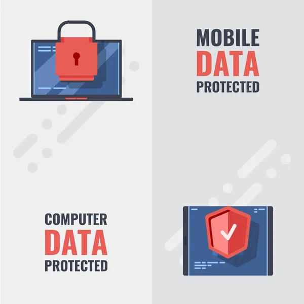 数据保护概念 两个横幅与电子设备和保护元素锁和盾 帐户安全概念3D 平面向量图 — 图库矢量图片