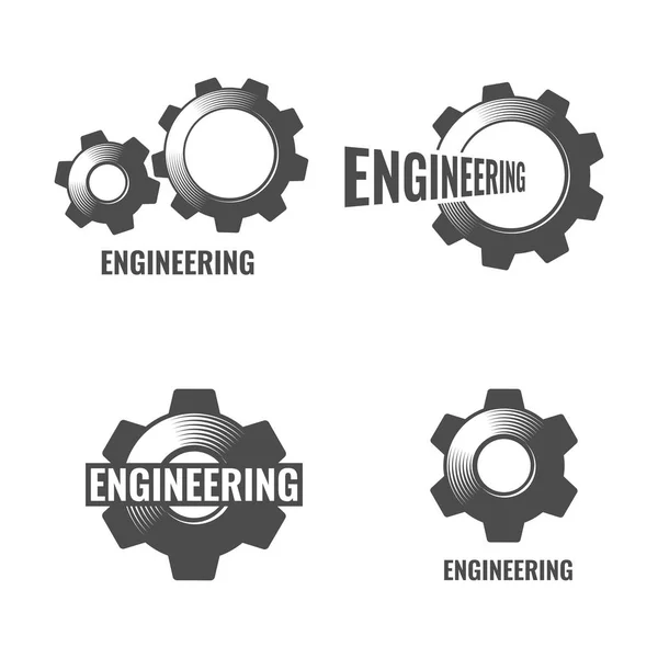 工程标志设置与齿轮元件 矢量工程艺术在黑颜色隔离白色背景 — 图库矢量图片
