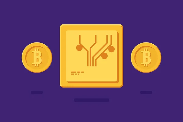 密码货币比特的概念挖掘 Cpu 的计算机与金币的 Cryptocurrency 矢量插图 — 图库矢量图片