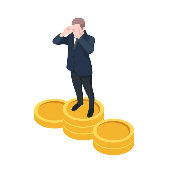 Financial Ladder Financial Success Isometric Vector Businessman Stands Steps Gold — Stock Vector