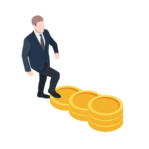 Financial Ladder Financial Success Isometric Vector Businessman Walks Steps Gold — Stock Vector