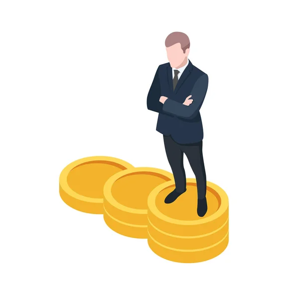 Financial Ladder Financial Success Isometric Vector Businessman Stands Steps Gold — Stock Vector