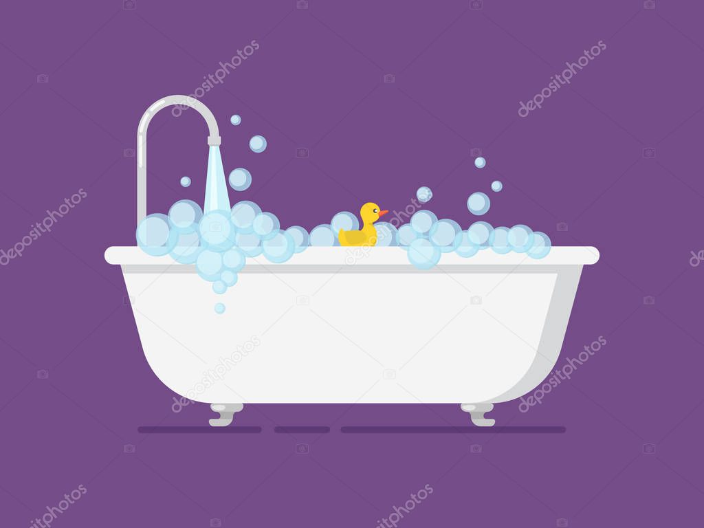Cartoon tub full foam with open tap. Gain bath flat vector illustration