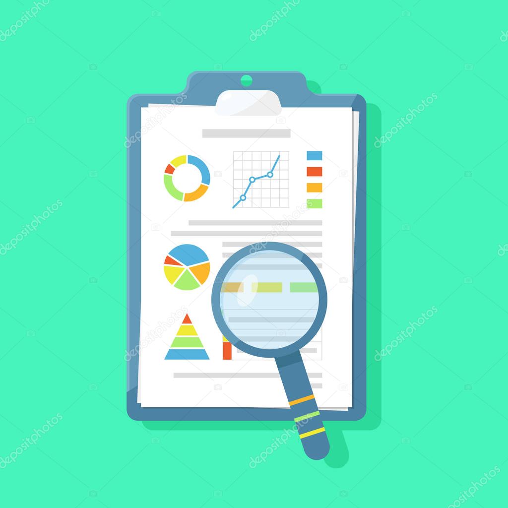 Document tablet with graphics and magnifying glass. Concept of analytic vector flat illustration