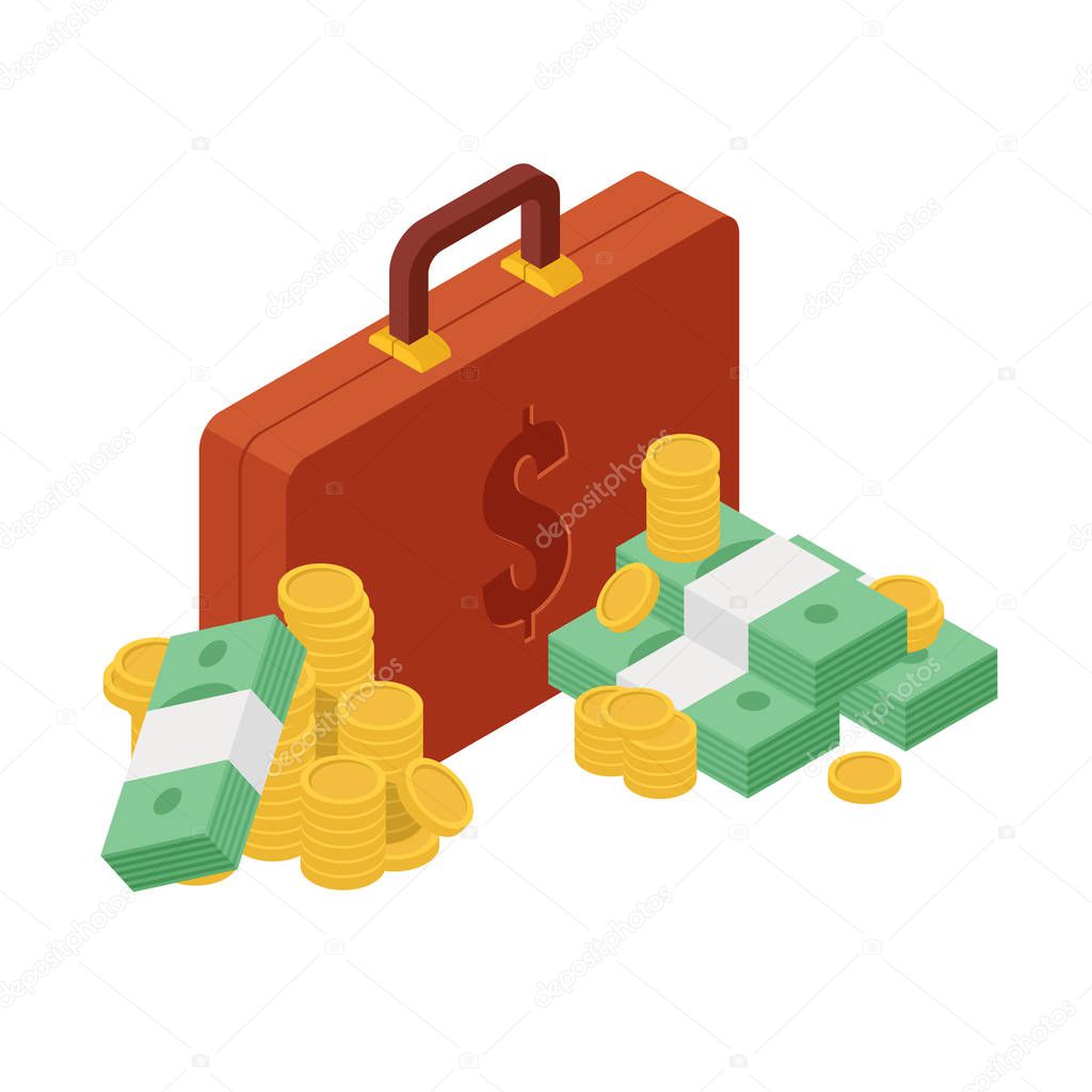 Suitcase with dollar symbol with cash and coins heap. Concept of big money. Big pile of cash. Hundreds of dollars. Vector isometric illustration