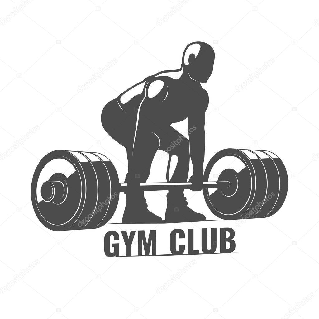 Monochrome logo art gym club with bodybuilder and barbel, gym club emblem isolated vector illustration