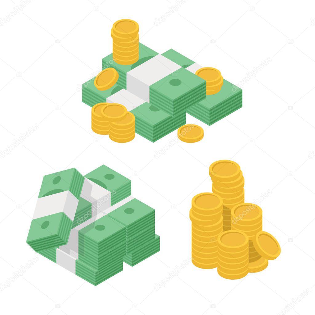 Set of heaps of money. Various kind of money with dollar and gold coin. Concept of big money. Big pile of cash. Hundreds of dollars. Isometric flat vector illustration