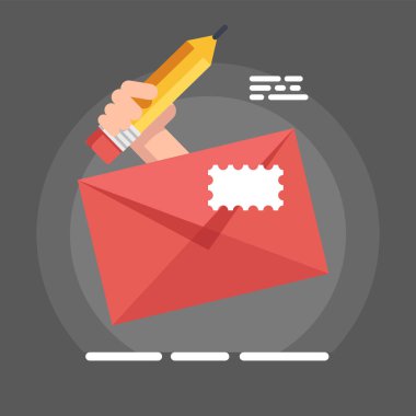 Kartpostal mektup ve el tutar kalem, düz stil... İleti simgesi, logo illüstrasyon yazma.