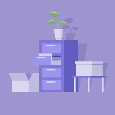 Ofis iç belgeler kabine ve mor arka plan kutusu ile. 3D düz vektör çizim