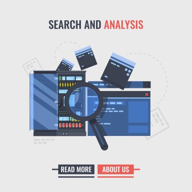 Beyaz arka plan üzerinde kompozisyon araştırma bilgi sunucu odası, inme, Web sitesi ve Büyüteç camı vektör çizim sayfası, arama ile izole