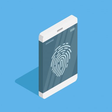 Biometric identification concept. Mobile device with fingerprint on screen in isometric. Flat vector illustration clipart