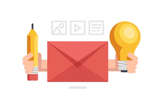 Envelope Com Lápis Lâmpada Escreva Uma Carta Criativa Mail Conceitos — Vetor de Stock