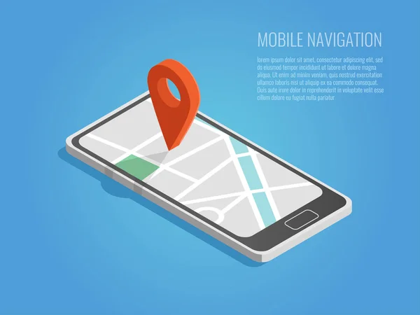 Ilustração Vetorial Isométrica Smartphone Com Aplicativo Navegação Móvel Tela Mapa —  Vetores de Stock