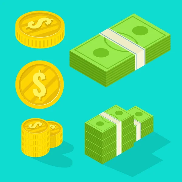 Stack Money Pack Dollars Note Golden Coins Green Background Flat — Stock Vector