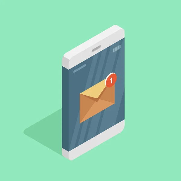 Smartphone Com Ícone Mensagem Mail Tela Ilustração Vetorial Plana Isométrica — Vetor de Stock