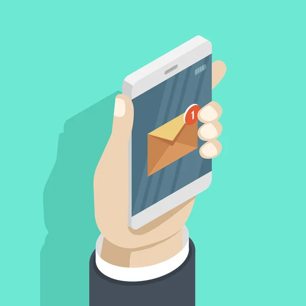 Smartphone Mão Com Nova Notificação Mail Mensagem Ilustração Vetor Plano — Vetor de Stock