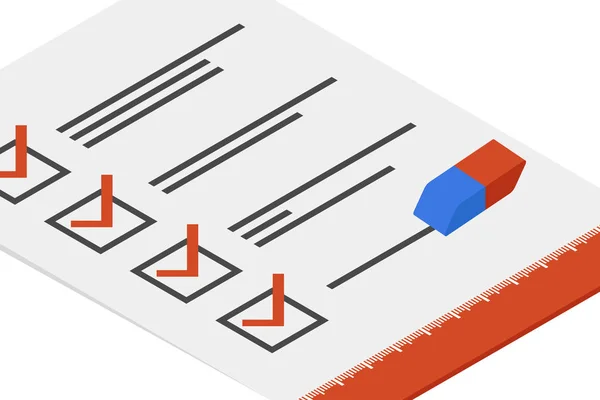Projektplanmanagement Blatt Papier Mit Klausel Und Roter Markierung Isometrische Flache — Stockvektor