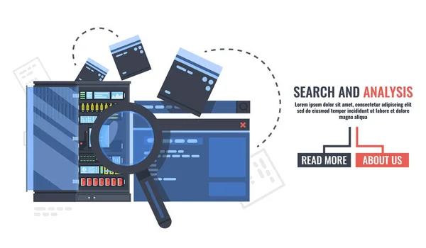 Zusammensetzung Der Forschungsinformationen Mit Serverraum Suchstrich Webseite Und Lupenvektordarstellung Isoliert — Stockvektor