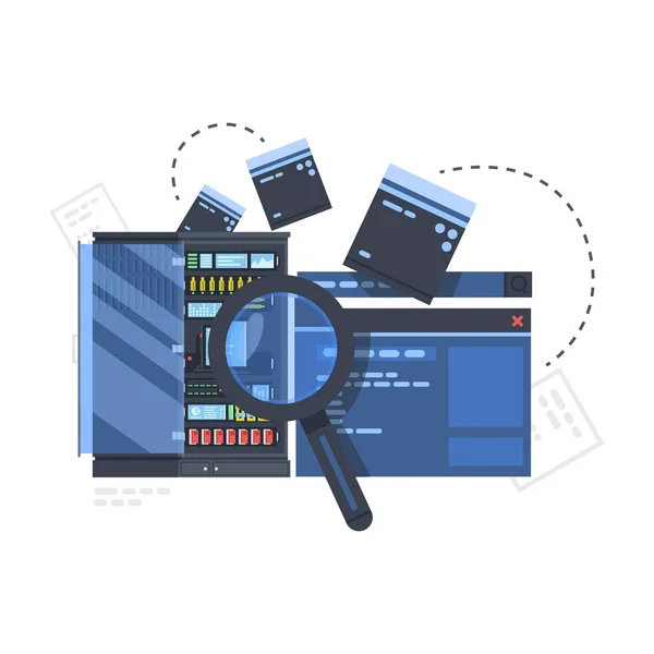 Sammansättningen Forskningsinformation Med Serverrum Söka Stroke Sida Hemsida Och Förstoringsglas — Stock vektor