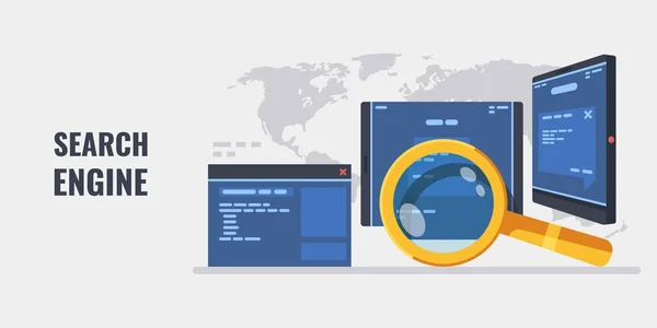 Concepto Motor Búsqueda Con Lupa Oro Página Web Tableta Teléfono — Archivo Imágenes Vectoriales