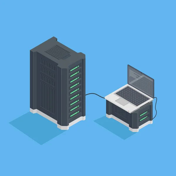 Concepto Sala Servidores Con Laptop Switch Proceso Configuración Del Servidor — Archivo Imágenes Vectoriales